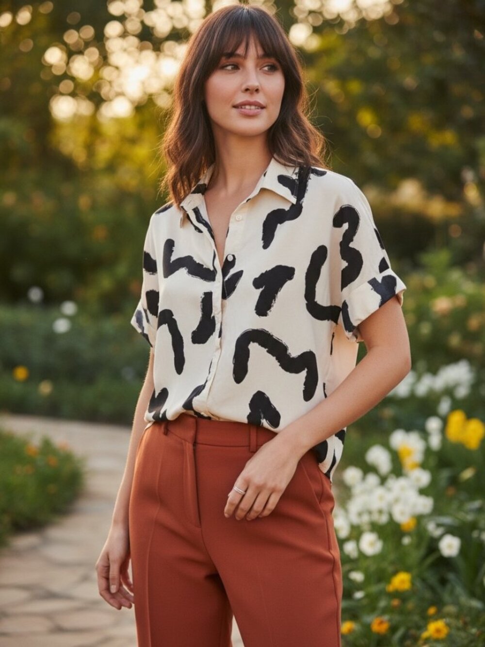 Crosby by Mollie Burch Linen Blend Abstract Print Button Shirt Women S Cream